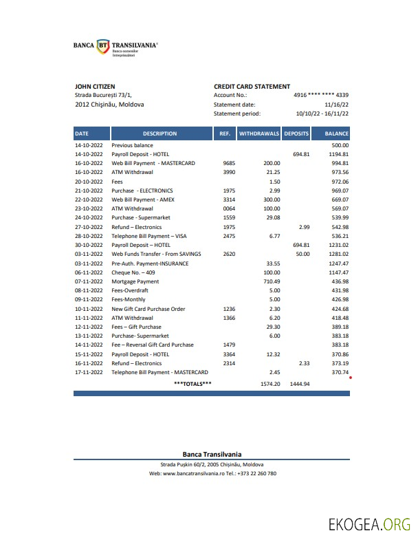 Modèle Excel et PDF de relevé bancaire de Moldavie Banca Transilvania